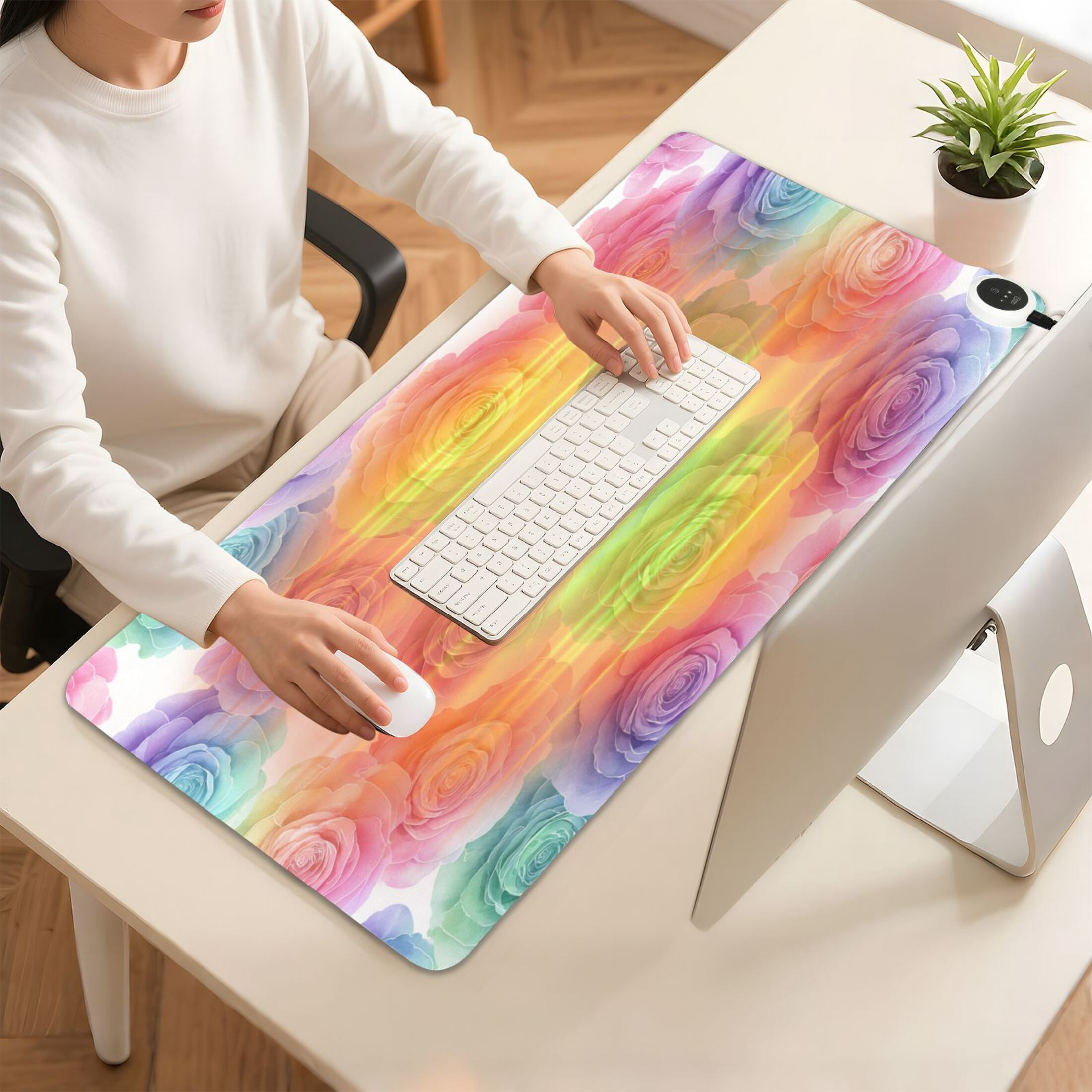 Large Heated Desk Mat Mouse Pad 31.5"x13"PU Leather Graphene Heating Desk Warmer with 3 Temperature Settings 110V US Plug Non-Slip Warm Pad for Home, Office, and Gaming Little Rainbow Rose Garden