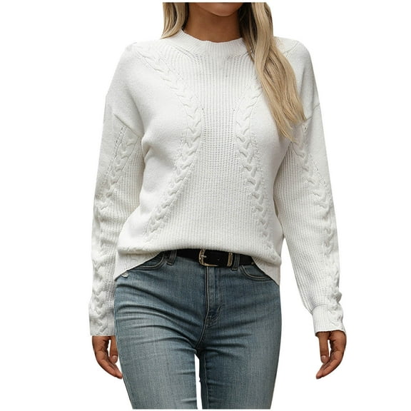 Ahabrexf Sweaters for Women, Fashion Splice Solid Color Knitting Long Sleeve Round Neck Sweater