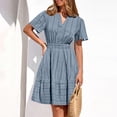 thumbnail image 6 of Neewe Ladies Summer Mini Dresses Loose Casual Plain V Neck Short Sleeve Pleated Hem Tunic Waist Short Shirtdress Daily, 6 of 8
