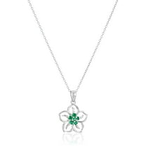 Forever Facets Created Emerald May Birthstone Floral Pendant in Sterling Silver, Adult Female