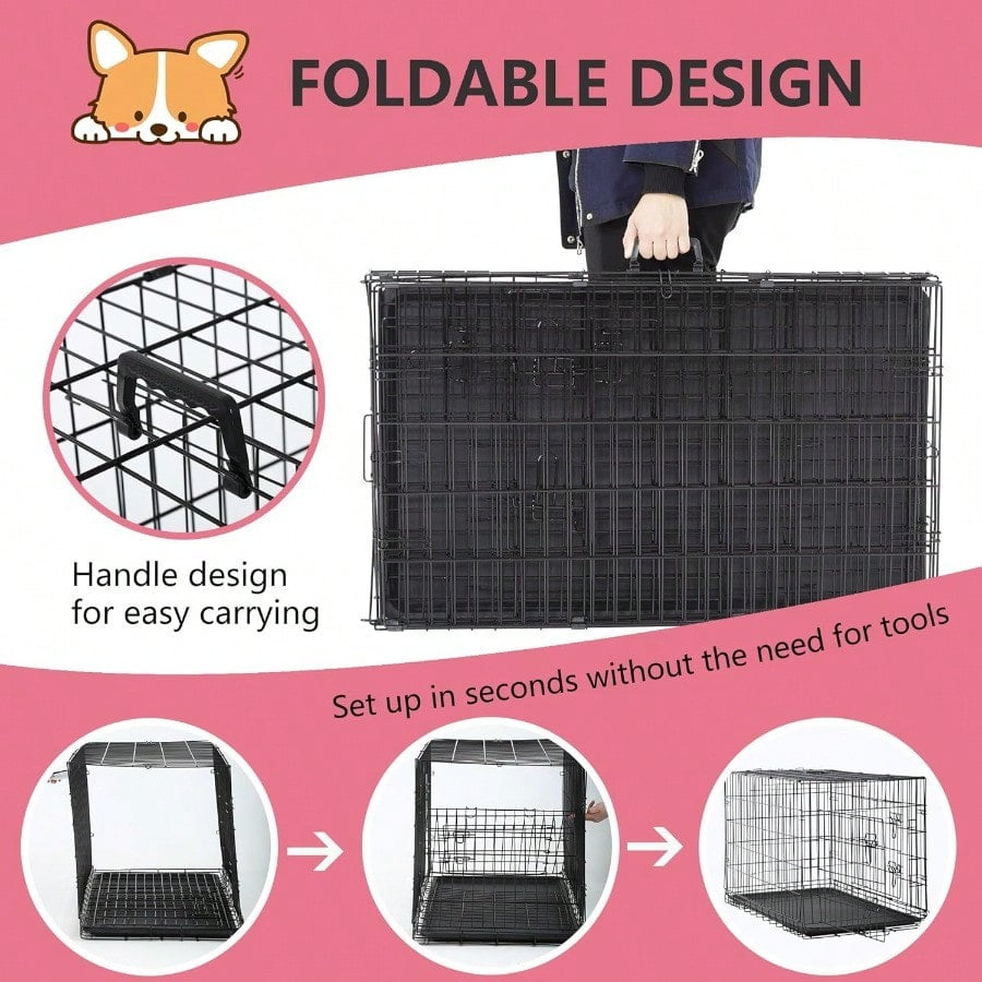Extra Large Folding Metal Wire Dog Crate with Double Door, Removable Tray and Divider Panel, 48 Inch, Dark Black