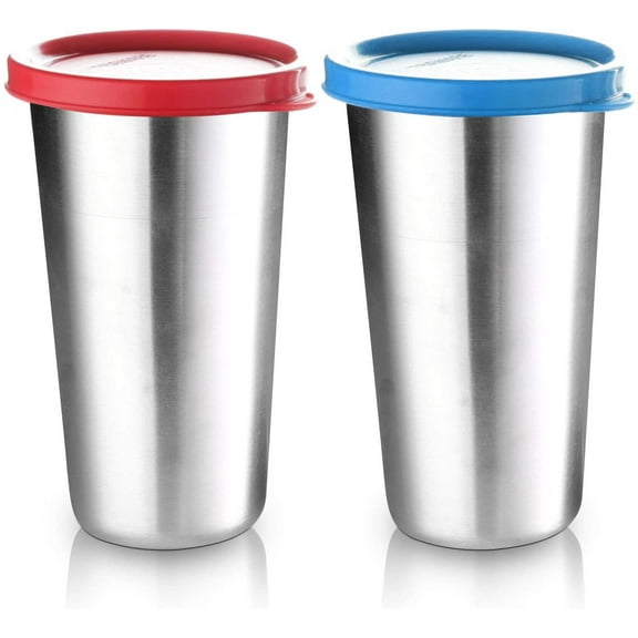 Signoraware 12.5-Ounce Stainless Steel Drinking Cups | Reusable Travel Tumbler With Leakproof Lids | To-Go Drink Cups for Juice, Smoothie, Iced Coffee, Milkshake, Cold Drinks & Snacks | 2 Pack