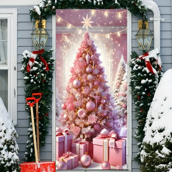 FastXmas Merry Christmas Door Cover Ornaments 2.95*6.56 Ft Christmas Pendant Door Curtain Christmas Wreath Cat and Santa Xmas Door Curtain Christmas Door Decoration for House Wall Door Party Supplies