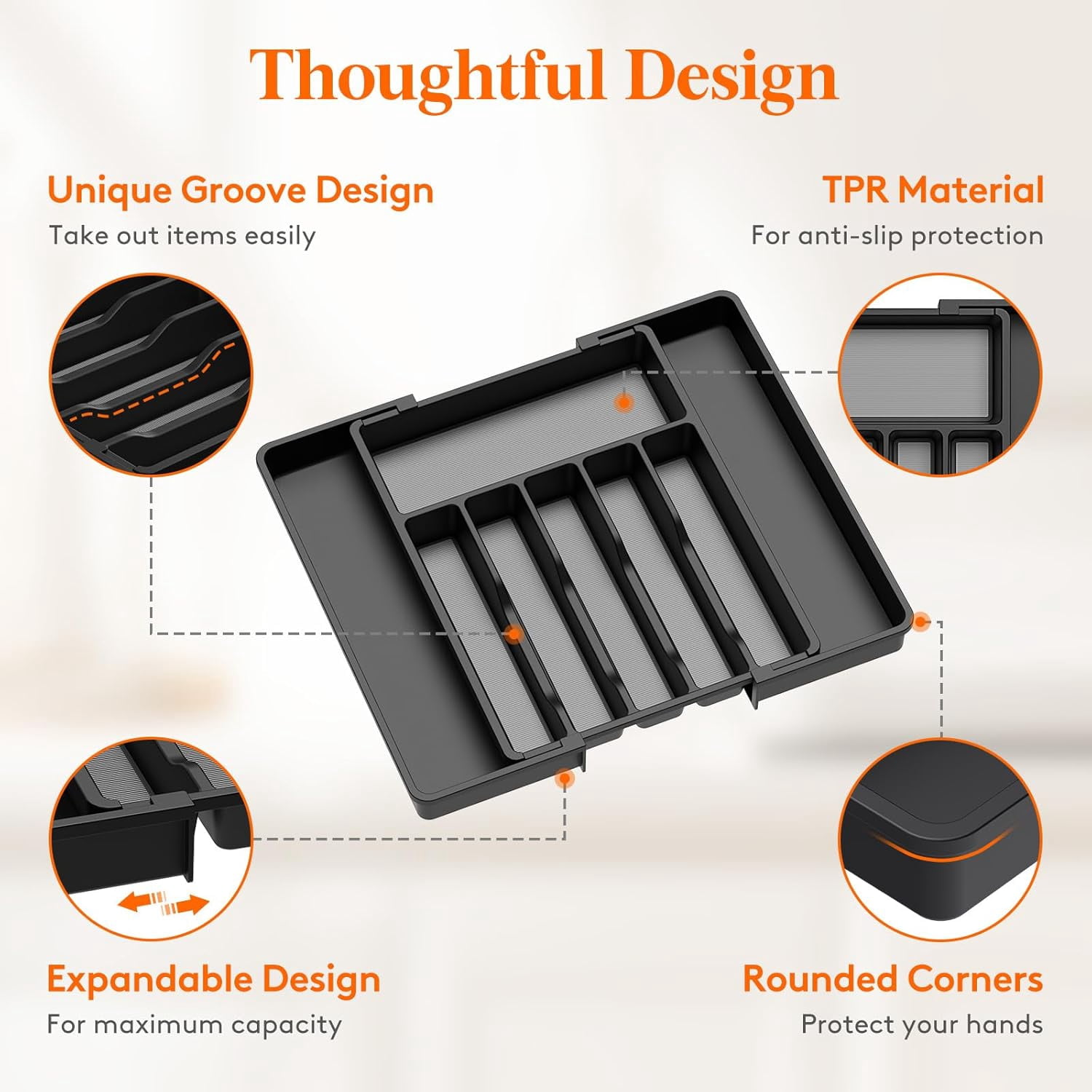 Silverware Drawer Organizer, Expandable Utensil Tray for Kitchen, BPA Free Flatware and Cutlery Holder, Adjustable Plastic Storage for Spoons Forks Knives, 8.5-14 x 12", Black