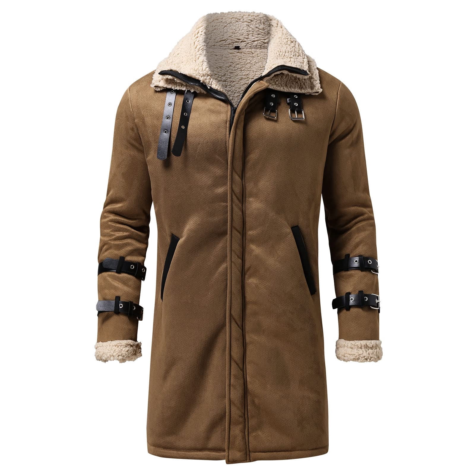 RongHuan Men's Big and Tall Faux Leather Coat Fleece Sherpa Lined Warm Trench Coats Winter Faux Fur Collar Jacket Thickened Long Sleeve Outwear