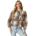 thumbnail image 4 of JWD Women's Cropping Jacket Casual Button Shacket Plaid Long Sleeve Blouses Top with Pocket Brown BlaPJk Pane L, 4 of 5