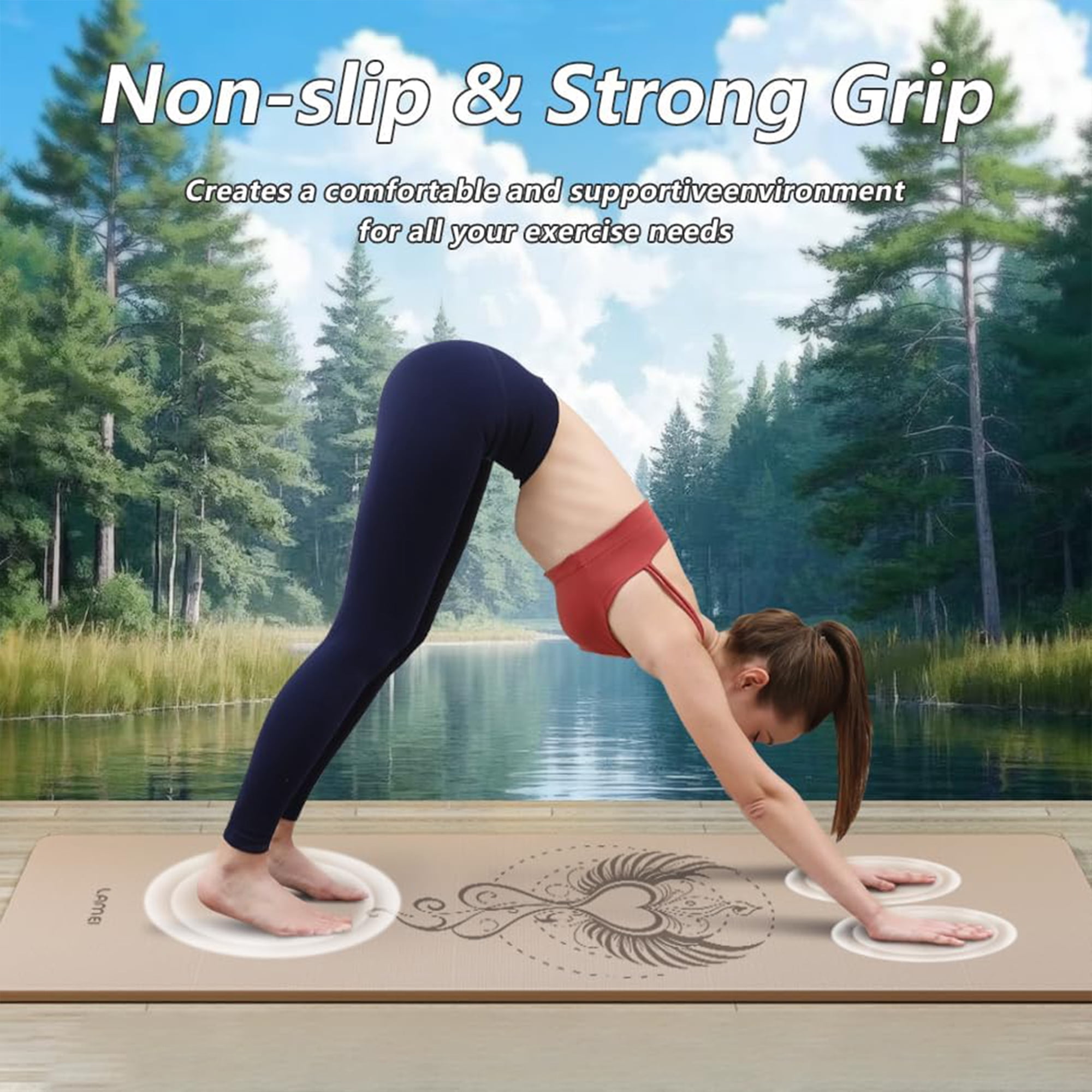 Lamei Thick Yoga Mat 10mm with Exclusive Printed Designs - Non Slip Exercise Mat for Home Gym & Travel, TPE Eco Friendly with Carry Strap, for Yoga Pilates Stretching, Bronze