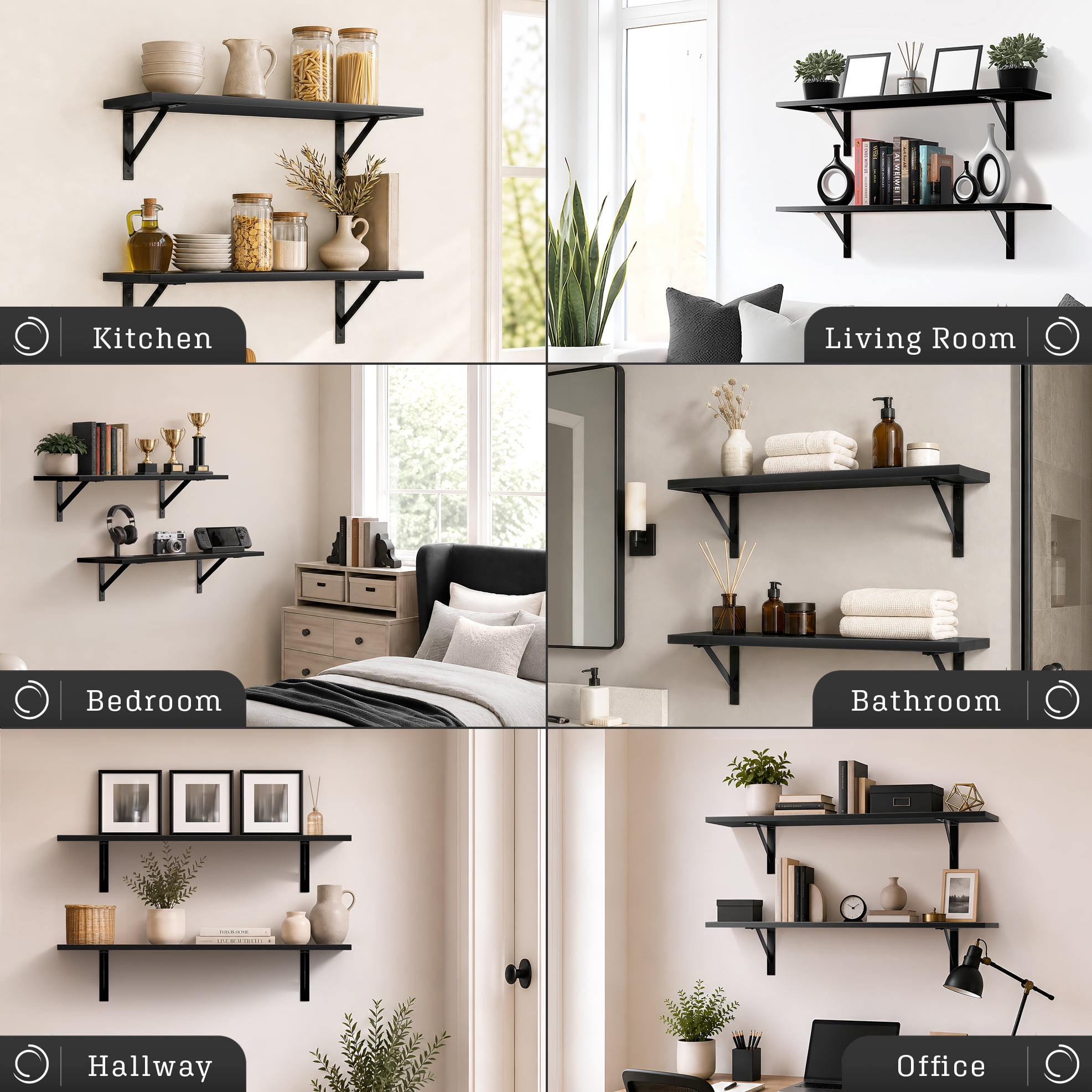 Sorbus 31.5 in Wood Wall Shelves with Black Metal Brackets, Black, 2-Piece Set