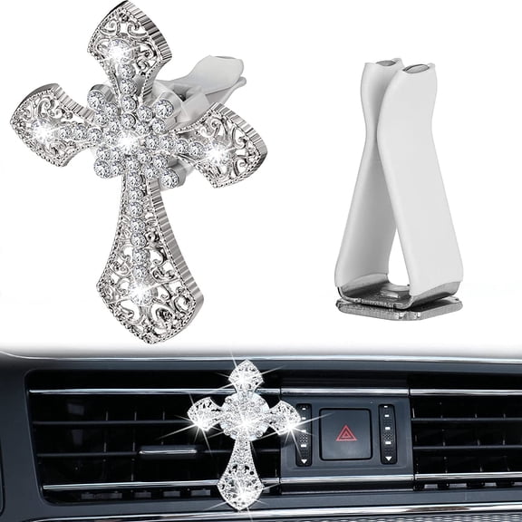 Bling Car Air Vent Clip Crystal Cross Rhinestone Vehicle Air Conditioner Outlet Vent Charm Car Bling Accessories for Women Wheels Interior Decoration(Silver)