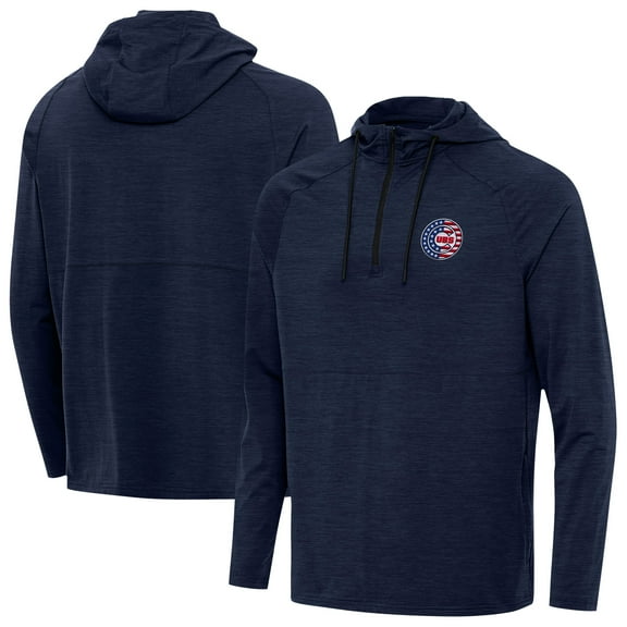 Men's Antigua Heather Navy Chicago Cubs Spikes Stars and Stripes Team Logo Quarter-Zip Pullover Hoodie