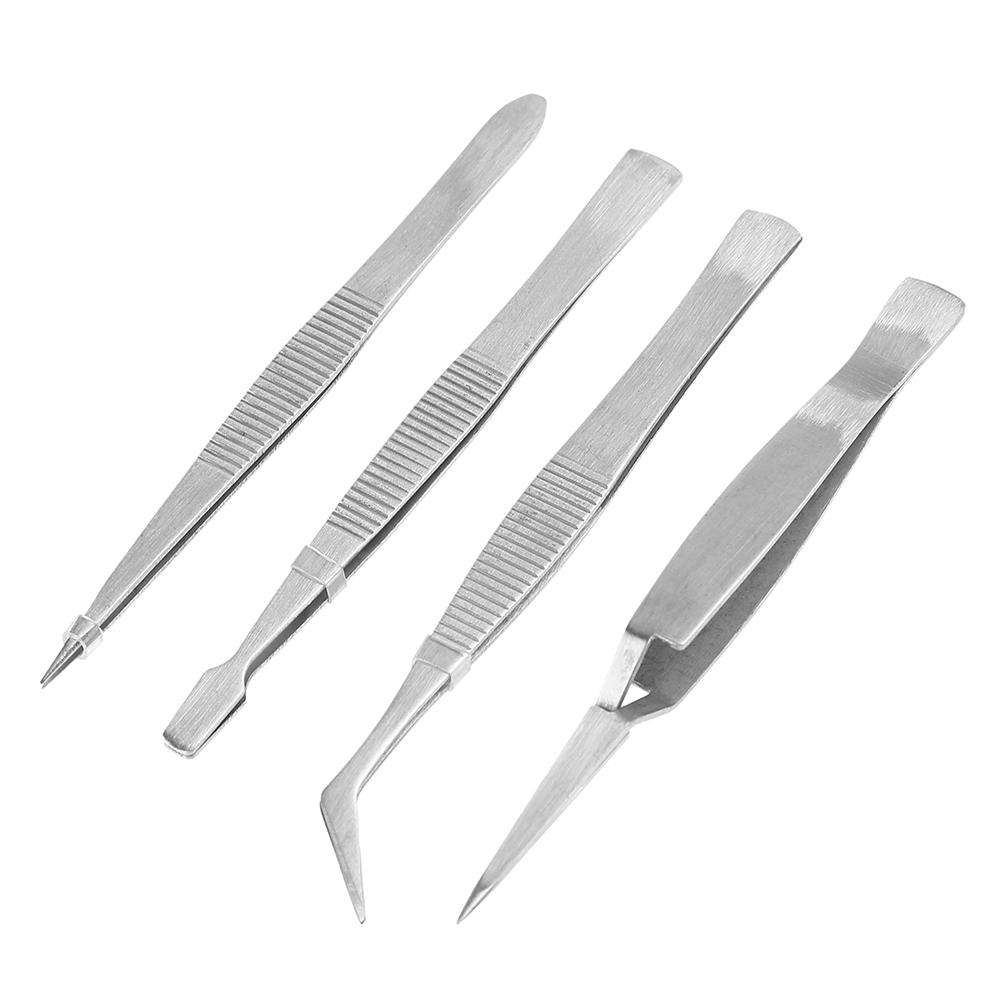 4pcs Professional Stainless Steel Tweezers Tweezers Pointed Elbow Flat  Cross Craft Kraft Sewing Tweezers Repair Tool