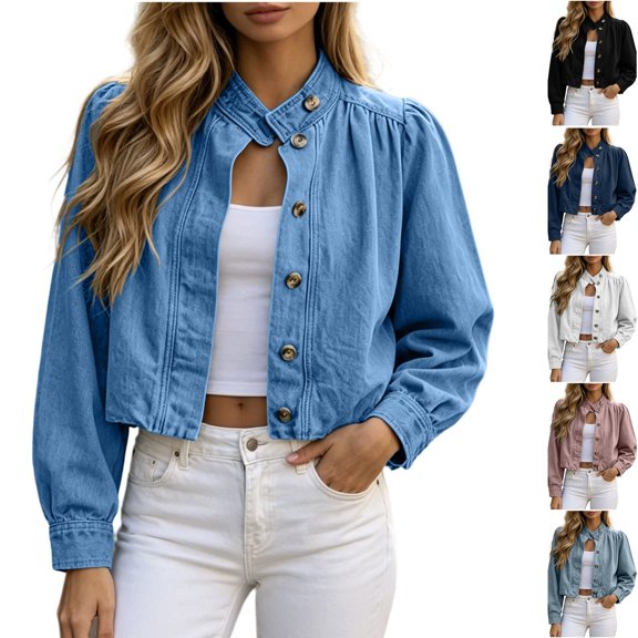 Husipze Fall Cropped Denim Jacket for Women Lightweight Collarless Long Sleeve Casual Button Down Vintage Washed Jean Jacket Sky Blue S