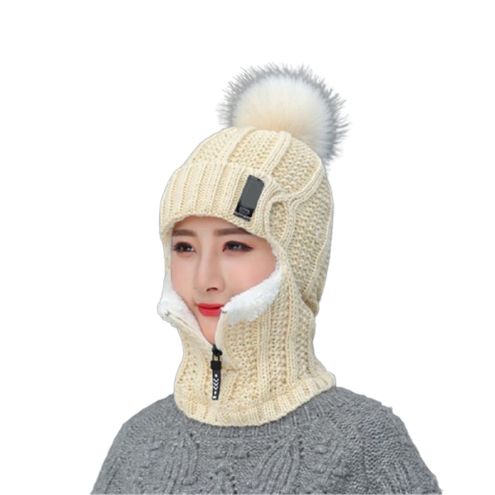 Fleece Lined Scarf Collar Cap Zipper Closure Winter Trapper Bomber Hat