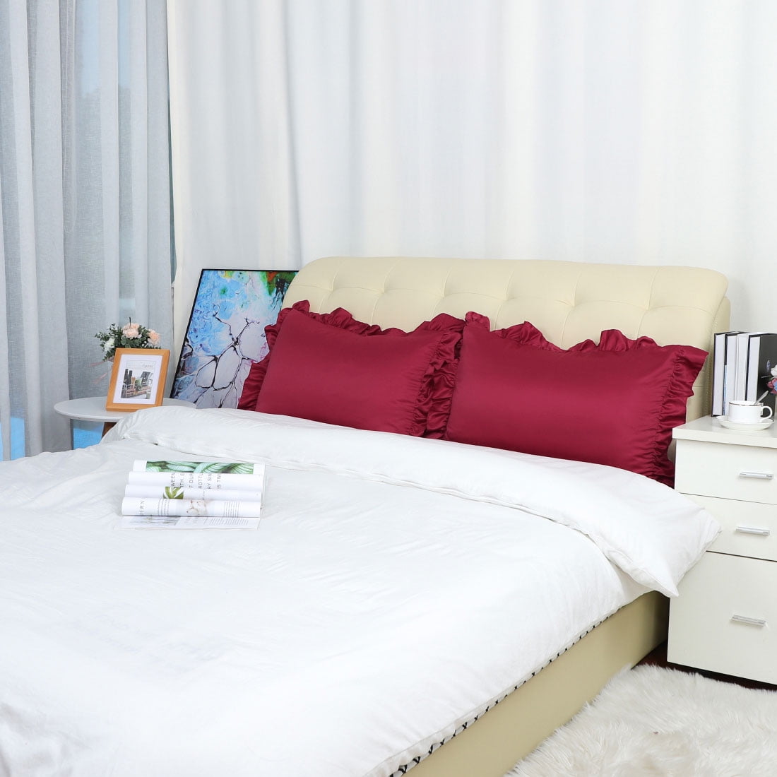 Unique Bargains 2-Piece Satin Ruffled Edge Pillowcases, Standard, Burgundy
