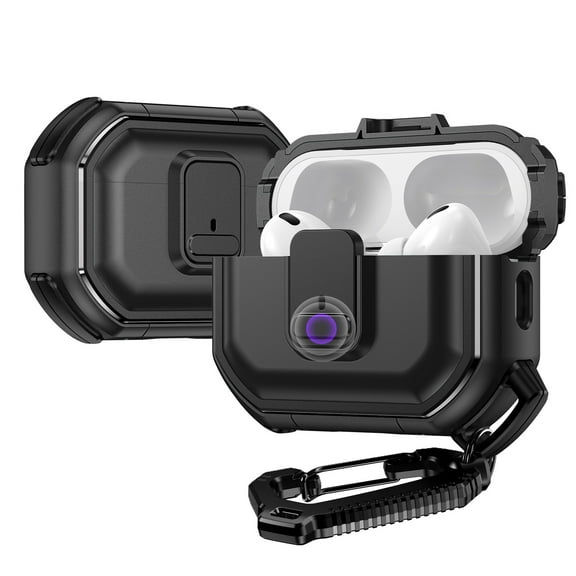 For Apple AirPods 2 & 1 Gen Heavy Duty Hybrid Snap Switch Button, Secure Lock Clip Protective with Carabiner Belt Loop Cover ,Xpm Phone Case [ Black ]