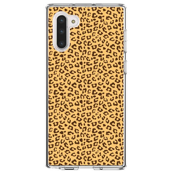 DistinctInk Clear Shockproof Hybrid Case for Samsung Galaxy Note 10 (6.3" Screen) - TPU Bumper, Acrylic Back, Tempered Glass Screen Protector - Beige Tan Brown Cheetah Skin Spots