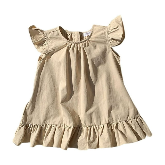 Robe Petite Fille Sans Manches Robes de Printemps pour Filles Robe Évasée à Volants Beige Robes Fantaisie pour Filles