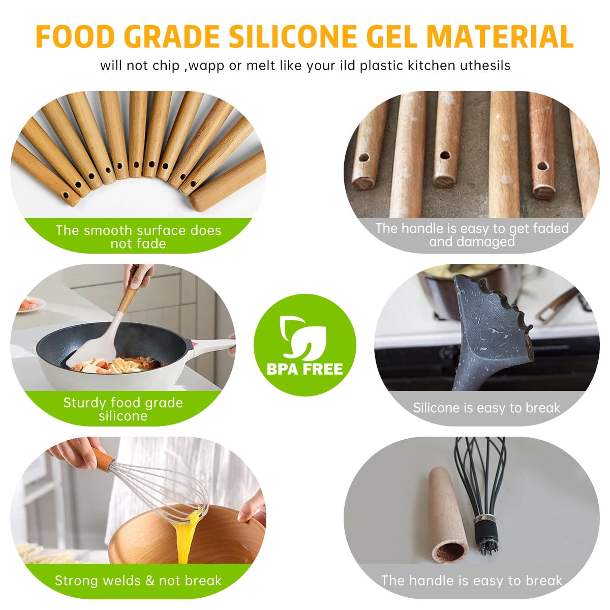 GPED 29 Pcs Silicone Kitchen Utensil Set, Cooking Utensils Set with Wooden Handle, Food Grade Silicone Spatula Set, BPA-Free, 446°F Heat Resistant Kitchen Gadgets Tools Set, Khaki