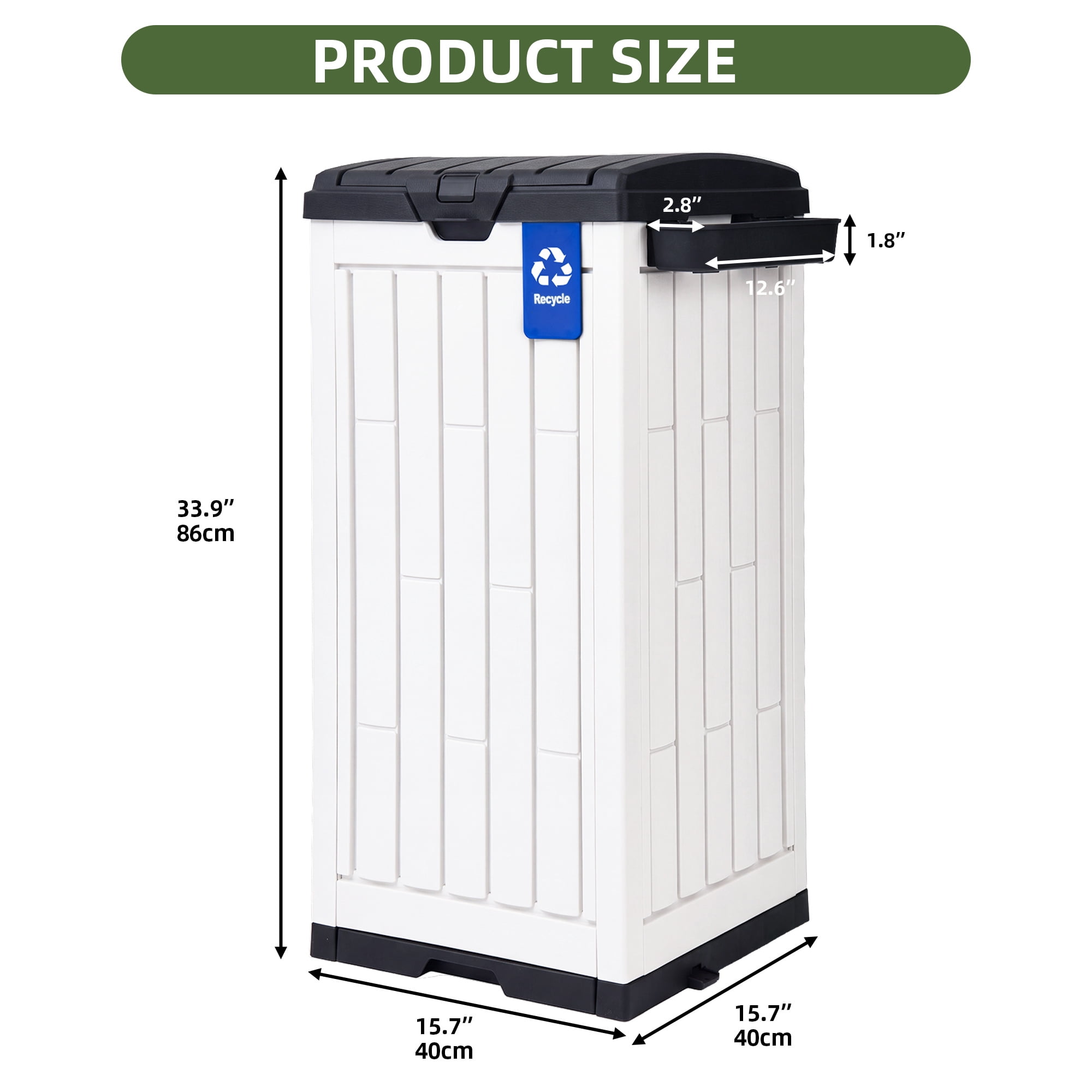 Uforic 38 Gallon Outdoor Trash Can, Resin Garbage Bin with Sorting Labels, Ash Holder, Lid, Stakes & Suction Cups for Patio Backyard Garden, White