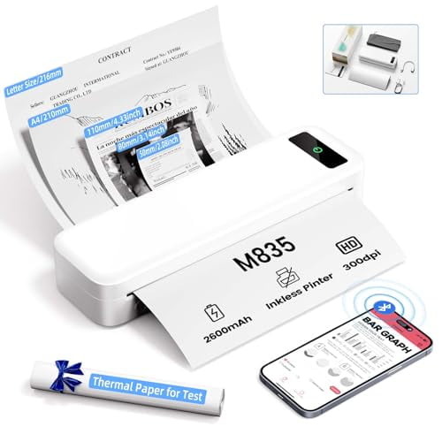 Impresora portátil inalámbrica ASprink para viajes, impresora térmica sin tinta M835, compatible con tamaño carta (8,5" x 11"), compatible con iOS/Android/PC/Phomemo APP, impresora de viaje móvil para