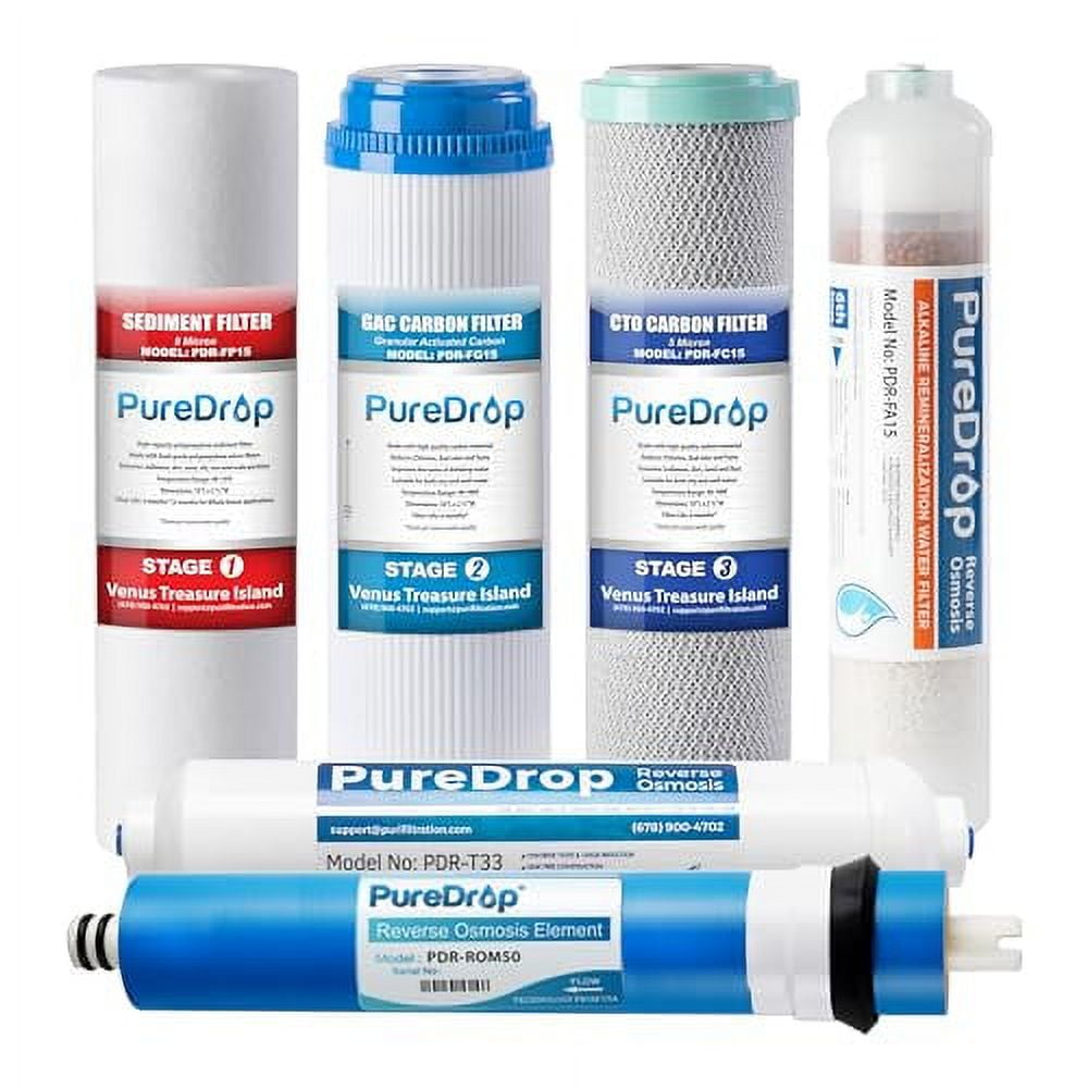 PDR-F6K Replacement Reverse Osmosis Water Filter Set for 6-Stage Under-Sink Water Filtration Systems with Alkaline Mineral Filter