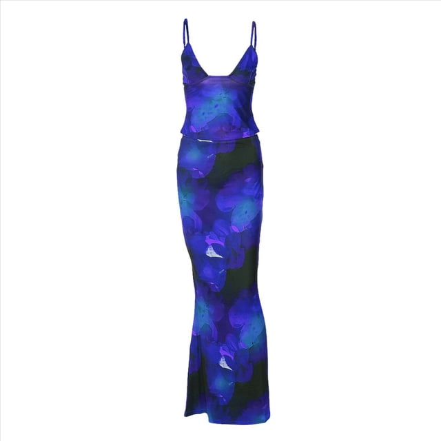 Conjunto de Falda Larga con Estampado Floral y Top Halter Trajes para Salir para Mujer Azul XL