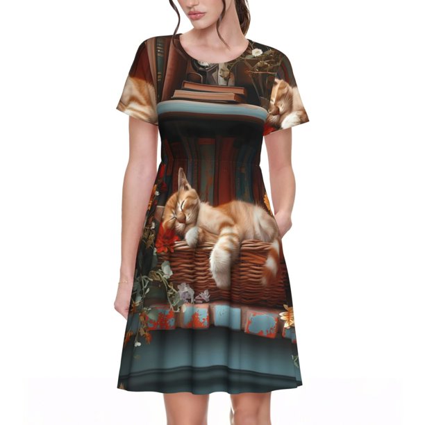 Balery Cat Asleep Among Flowers Vestidos sueltos de manga corta para mujer, vestidos de verano 2025, vestidos casuales de corte A con vuelo.