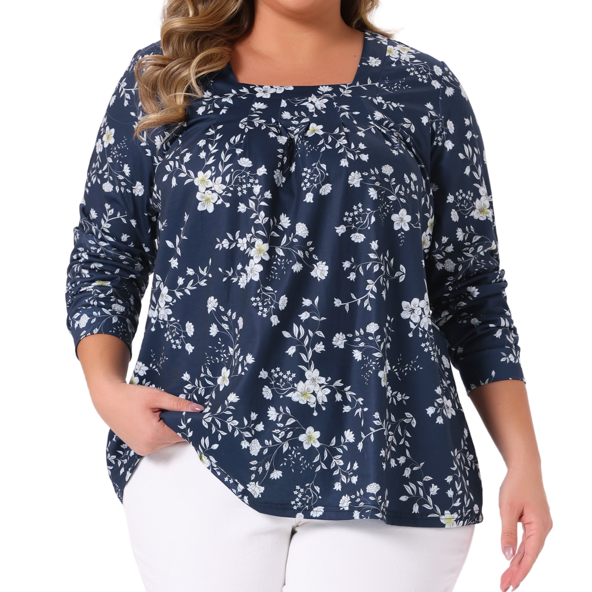 DARING DIVA  Women's Plus Floral Square Neck Blouse 4X Navy Blue