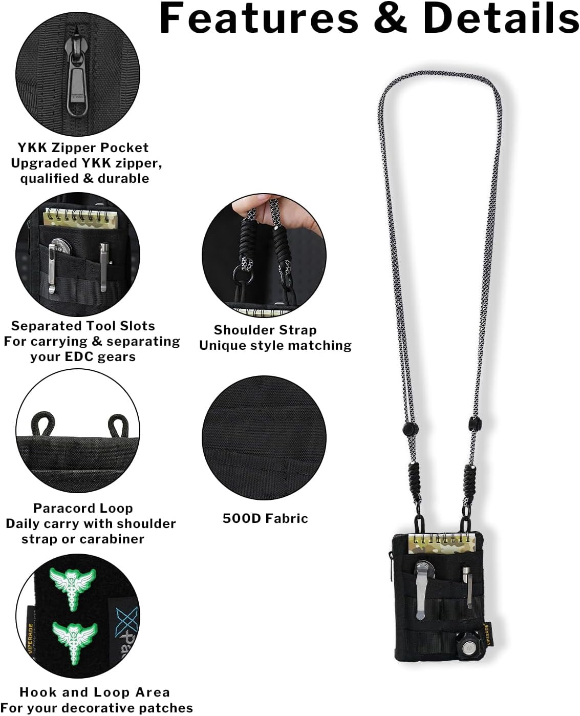 VIPERADE EDC Tool Pouch with Strap, 4 Multi-Purpose Pockets, Slim EDC Wallet Organizer for Men, Black