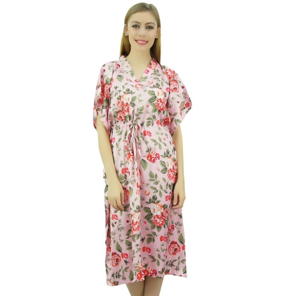 Bimba Women's Pink Floral Mid Calf Length Drawstring Kimono Kaftan Dress - 22