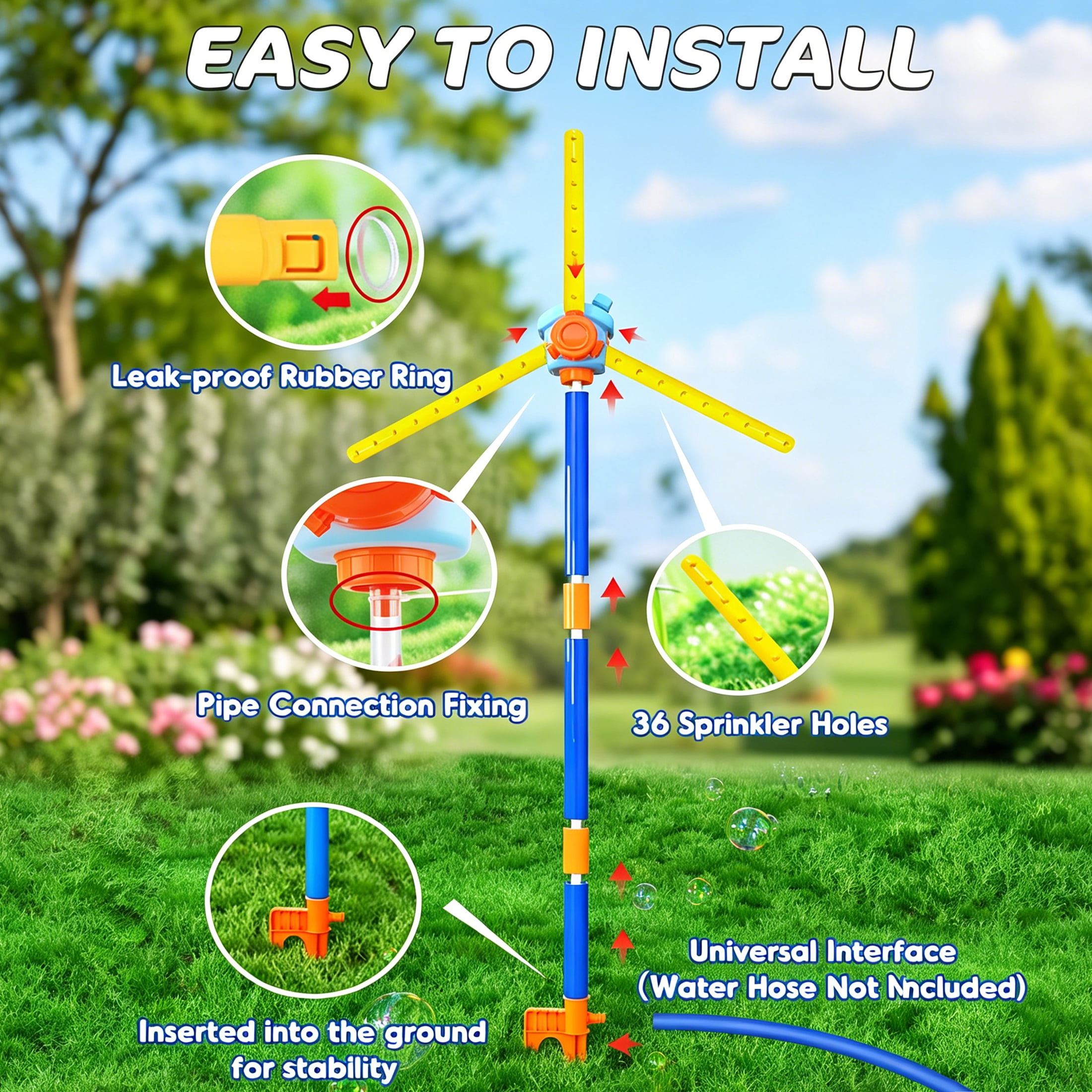 PMHZI 63-inch Kids Sprinkler Toy - 360° Rotating Spray with 36 Nozzles, Quick-Connect Lawn Sprinkler for Backyard Toddler Outdoor Play
