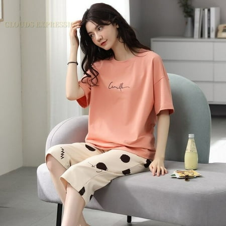 

QWZNDZGR Summer Capris Plaid Women Sleep Lounge Pajama Short-Sleeved Pajama Sets Cartoon Pyjamas Polyester Sleepwear 3XL 5XL Home Fashion