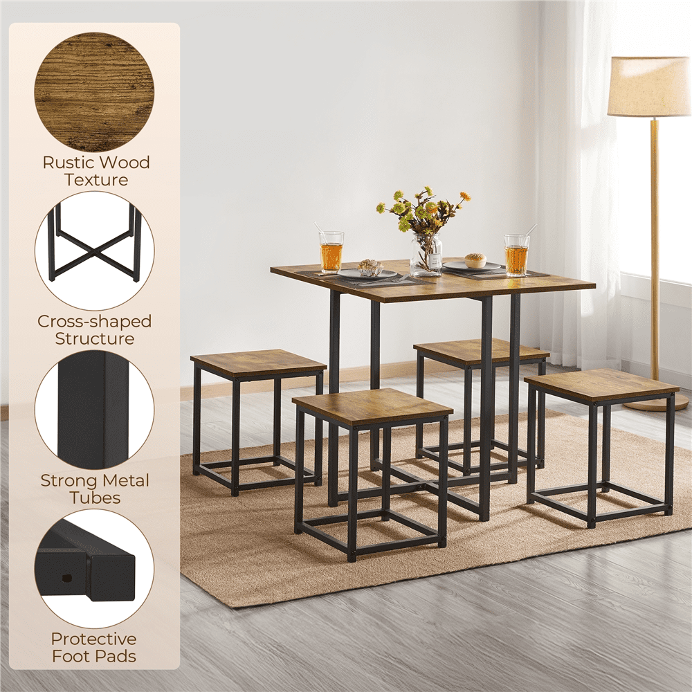 Renwick 5-Piece Dining Set with Industrial Square Table and 4 Backless Chairs, Rustic Brown