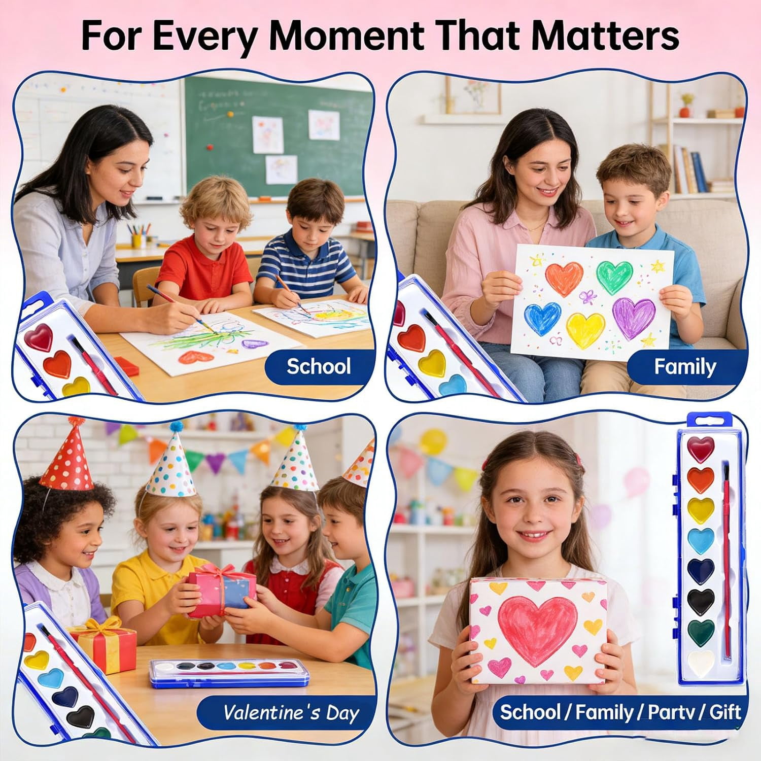 15PCS Mini Watercolor Paint Sets, 16 Color Heart Shape Watercolor Paint Set, Watercolors Paints Set Kids Heart with Paintbrush Washable for Valentine's Day, Preschool Classroom(wwx)