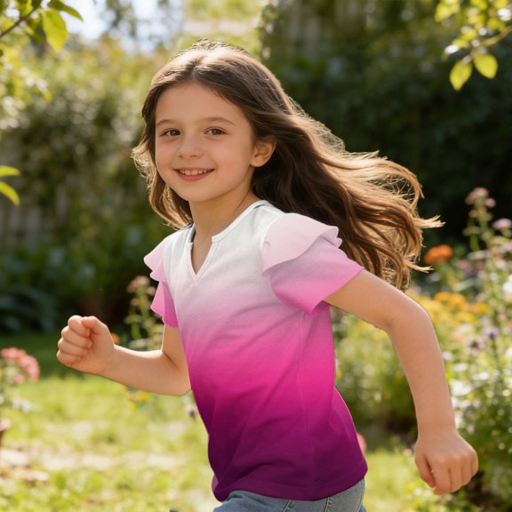 Dwellite Girls Ruffle Short Sleeve T Shirts Cute Little V Neck Tops for Kids Summer Casual Shirts 3-13 Years Hot Pink 120