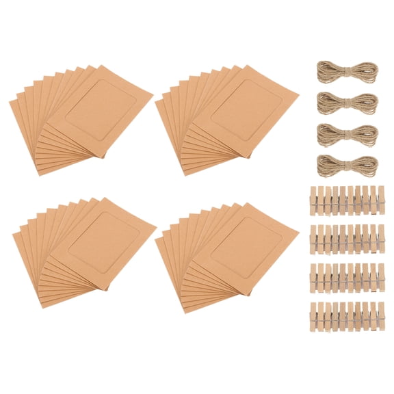 Uxcell 40pcs Paper Photo Frames Kit, 4 x 6" Kraft Photo Display Banner with Clips and String Picture Frame Hanging Display for Wedding Birthday Party Wall Decor, Brown