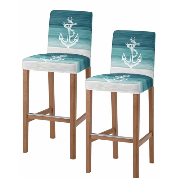 Nautical Anchor Teal Green Bar Stool Covers Set of 2, Coastal Ocean Ombre Striped Stretch Washable Bar Chair Covers with Backs, Removable Pub Counter Height Chair Cover for Kitchen Dining Room Cafe