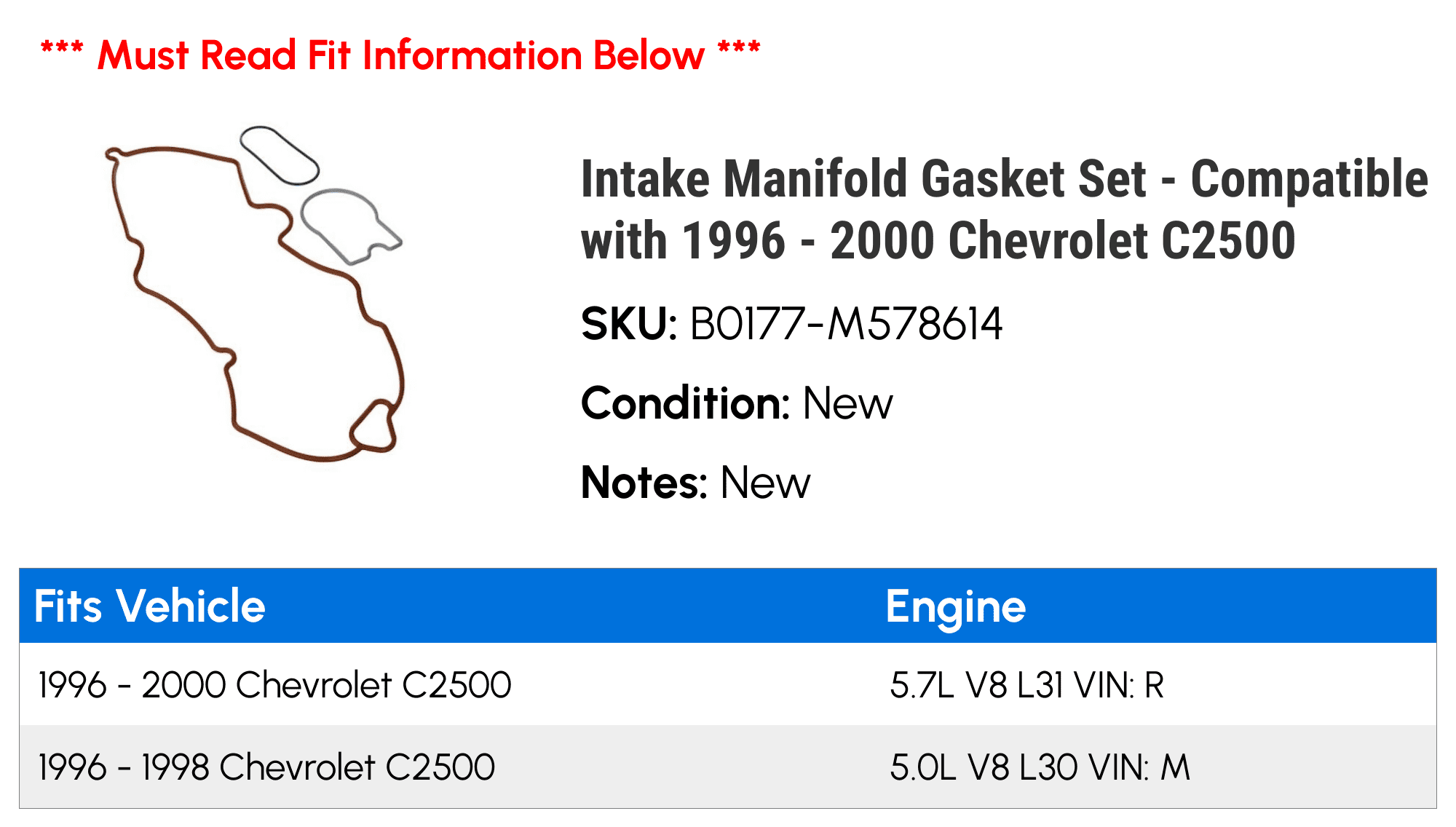 Intake Manifold Gasket Set - Compatible with 1996 - 2000 Chevrolet C2500 - AC Delco
