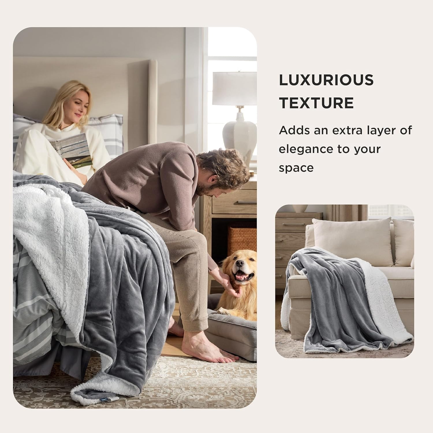 50x60 Sherpa Fleece Throw Blanket, Thick Warm Fluffy Soft Fuzzy Blankets for Winter, Reversible Lightweight Travel Throw, Gray