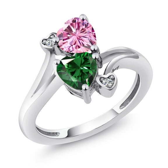 Gem Stone King 925 Sterling Silver Pink Moissanite Green Nano Emerald and White Lab Grown Diamond Ring for Women (1.53 Cttw, Heart Shape 6MM, Gemstone Birthstone, Size 9)