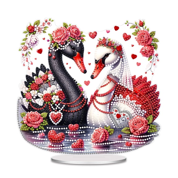 Flopesn Romantic Valentine's Day DIY Diamond Art Painting Decorative Ornament, Animal Creative Design Acrylic Home Decor Tabletop Ornament (Single-Sided Diamonds)-Swan Wedding-A