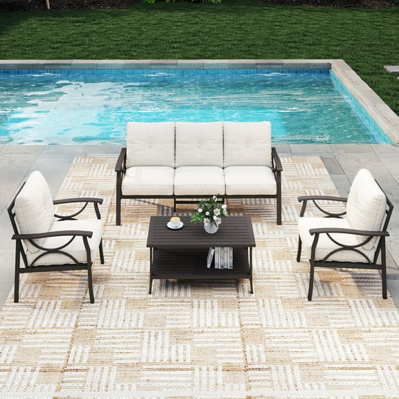 Heynemo 4 Piece Outdoor Patio Furniture Set, Metal Patio Conversation Set with Coffee Table for Porch Backyard Garden, Khaki