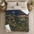 thumbnail image 5 of Whimsical Nocturnal Meadow Scene Crescent Moon Botanical Details, Peaceful Mountain Lake Scene, Warm Flannel Blanket for Cabin and Lodge, Outdoor Lovers Camping Gift, Celestial Home Decor, 5 of 9