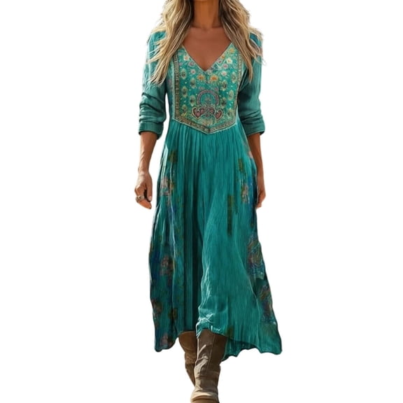 XIAOCHA Womens Embroidered V Neck Maxi Dress Long Sleeve High Waist Flowy Dresses Boho Casual Summer Dress