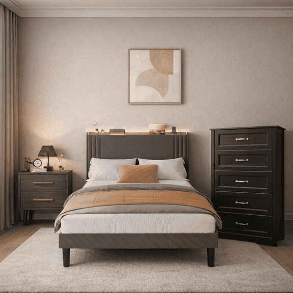 3-Piece Queen Bedroom Set: Upholstered Platform Bed with Charging Station & LED Lights 2 Drawers Nightstands 5 Drawer Dresser with Anti-Tip Safety– Bedroom Furniture Set, Dark Gray/Beige