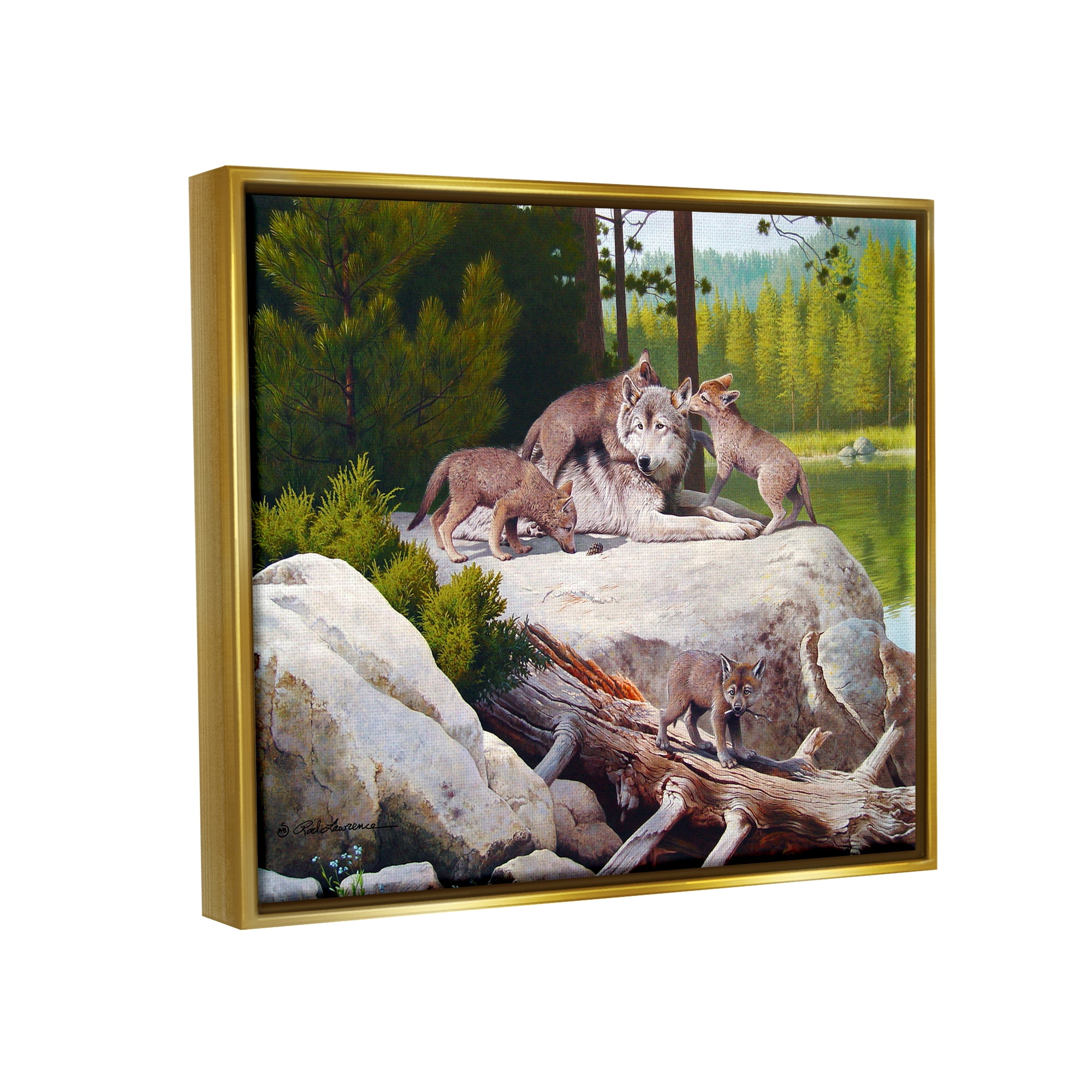 Stupell Industries Wolf & Cubs in Nature Animals & Insects Painting Gold Floater Framed Canvas Art Print Wall Art, 31 x 25