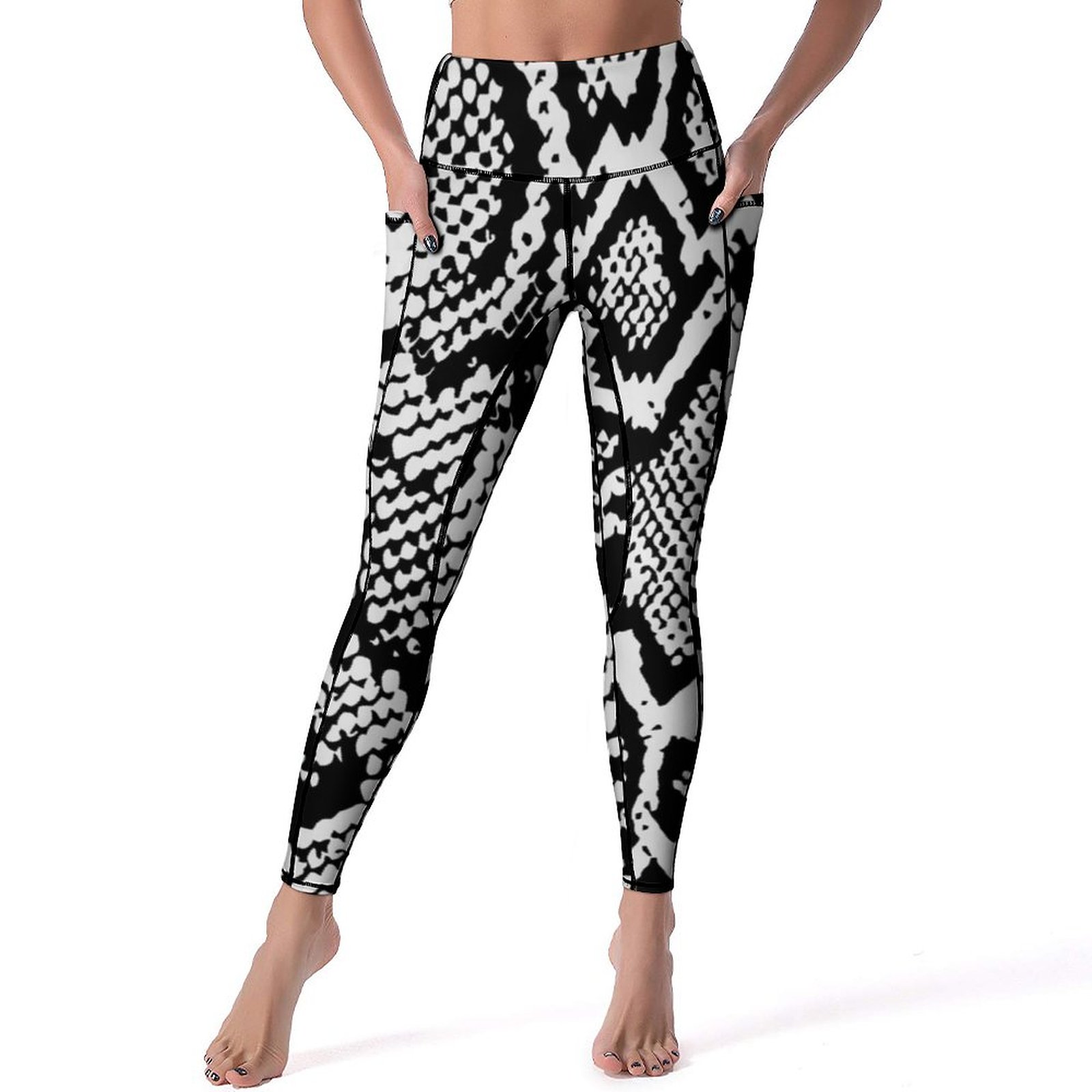 Black White Snake Prin Leggings Animal Snake Print High Waist Yoga 