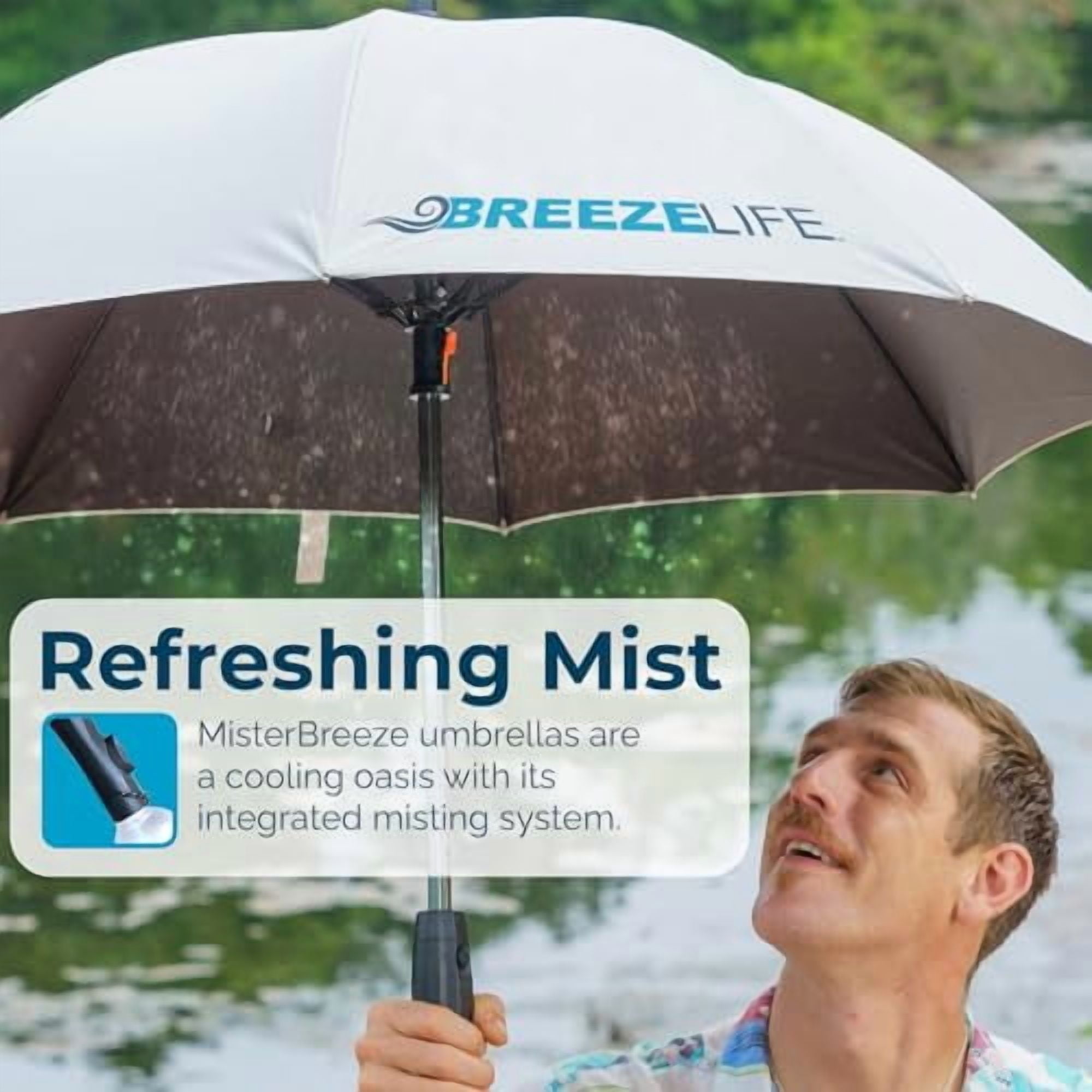 Breeze Life Rechargeable Mister Breeze, Sun Umbrella with Fan and Mister,  For Festivals, Beach and More, Blocks Harmful Sun Rays, Mist bottle included (Black and Gold)