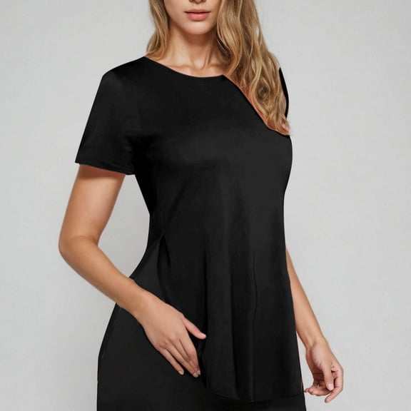 Womens Tops under $5 Short Sleeved Round Neck Loose Casual Top Black S
