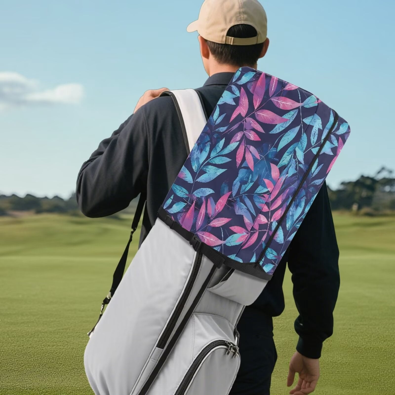 Chririnla Blue Leaves Golf Bag Dust Cover Waterproof & Dustproof Club Protection Universal Golf Club Bag Accessories Great Gift for Men Women Golfers